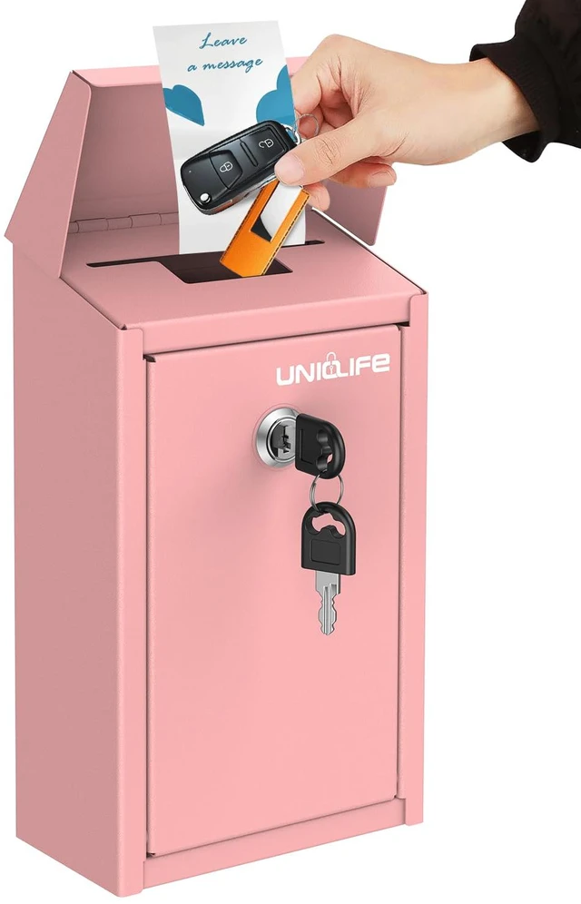 Main image of Pink Metal Donation Box, Wall Mounted Mailbox for Outside Safe Suggestion Box with Key Lock, Steel Key Drop Box for Outside, Cash Box for Home Office and Business