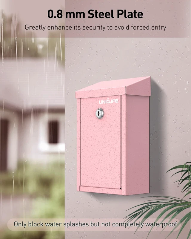 Alt view image 3 of 7 - Pink Metal Donation Box, Wall Mounted Mailbox for Outside Safe Suggestion Box with Key Lock, Steel Key Drop Box for Outside, Cash Box for Home Office and Business