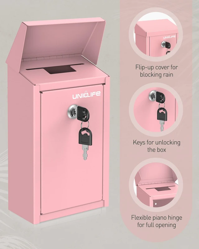 Alt view image 4 of 7 - Pink Metal Donation Box, Wall Mounted Mailbox for Outside Safe Suggestion Box with Key Lock, Steel Key Drop Box for Outside, Cash Box for Home Office and Business