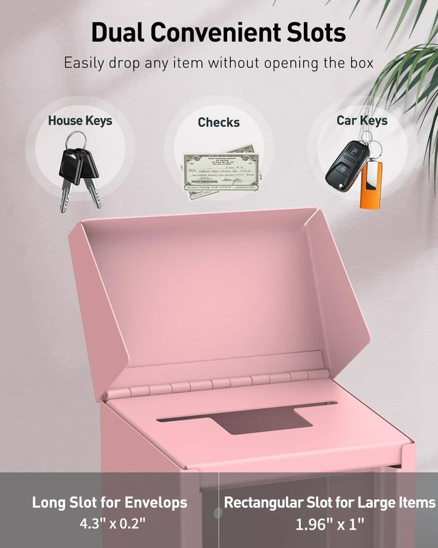 Alt view image 2 of 7 - Pink Metal Donation Box, Wall Mounted Mailbox for Outside Safe Suggestion Box with Key Lock, Steel Key Drop Box for Outside, Cash Box for Home Office and Business