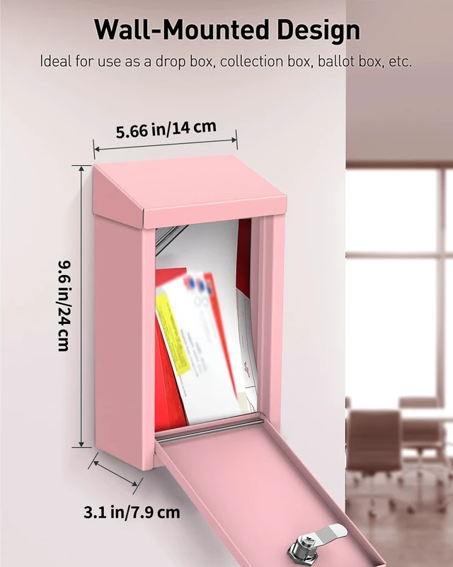 Alt view image 5 of 7 - Pink Metal Donation Box, Wall Mounted Mailbox for Outside Safe Suggestion Box with Key Lock, Steel Key Drop Box for Outside, Cash Box for Home Office and Business
