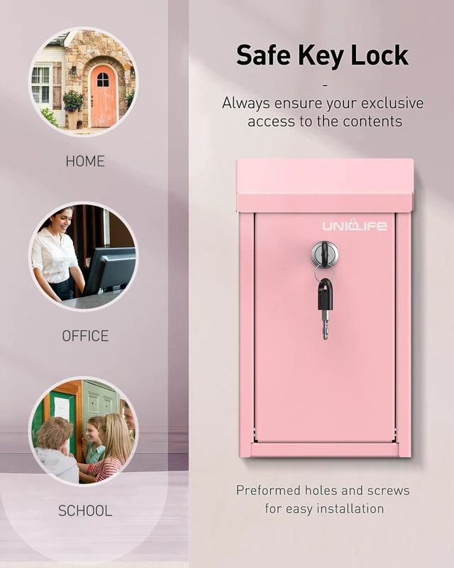 Alt view image 6 of 7 - Pink Metal Donation Box, Wall Mounted Mailbox for Outside Safe Suggestion Box with Key Lock, Steel Key Drop Box for Outside, Cash Box for Home Office and Business