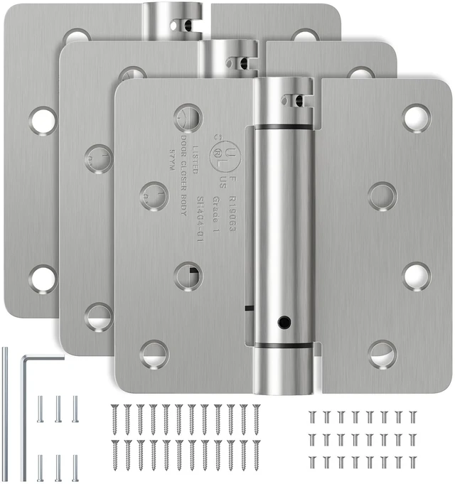 Main image of 3 Pack 4 Inch Self Closing Door Hinges with 1/4'' Radius Corners Spring Loaded Door Hinges, Adjustable Tension for Garage, Front, Back Door, Left and Right Hand Doors, UL Listed