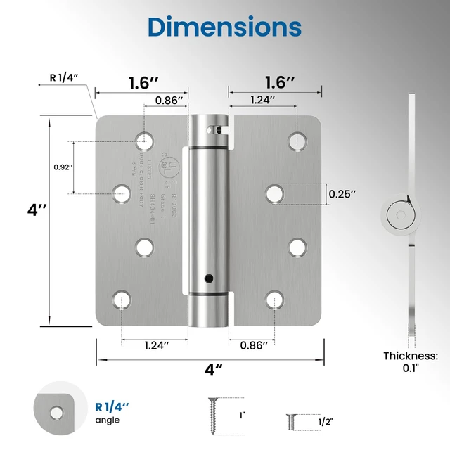 Alt view image 2 of 7 - 3 Pack 4 Inch Self Closing Door Hinges with 1/4'' Radius Corners Spring Loaded Door Hinges, Adjustable Tension for Garage, Front, Back Door, Left and Right Hand Doors, UL Listed