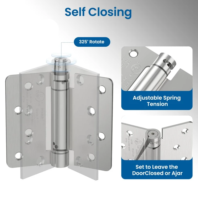 Alt view image 3 of 7 - 3 Pack 4 Inch Self Closing Door Hinges with 1/4'' Radius Corners Spring Loaded Door Hinges, Adjustable Tension for Garage, Front, Back Door, Left and Right Hand Doors, UL Listed