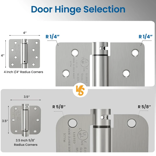 Alt view image 5 of 7 - 3 Pack 4 Inch Self Closing Door Hinges with 1/4'' Radius Corners Spring Loaded Door Hinges, Adjustable Tension for Garage, Front, Back Door, Left and Right Hand Doors, UL Listed