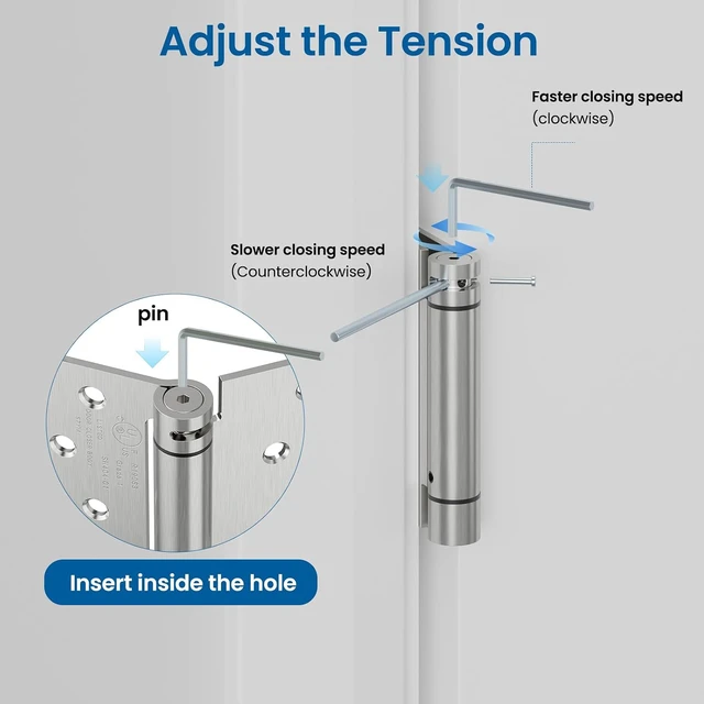 Alt view image 7 of 7 - 3 Pack 4 Inch Self Closing Door Hinges with 1/4'' Radius Corners Spring Loaded Door Hinges, Adjustable Tension for Garage, Front, Back Door, Left and Right Hand Doors, UL Listed