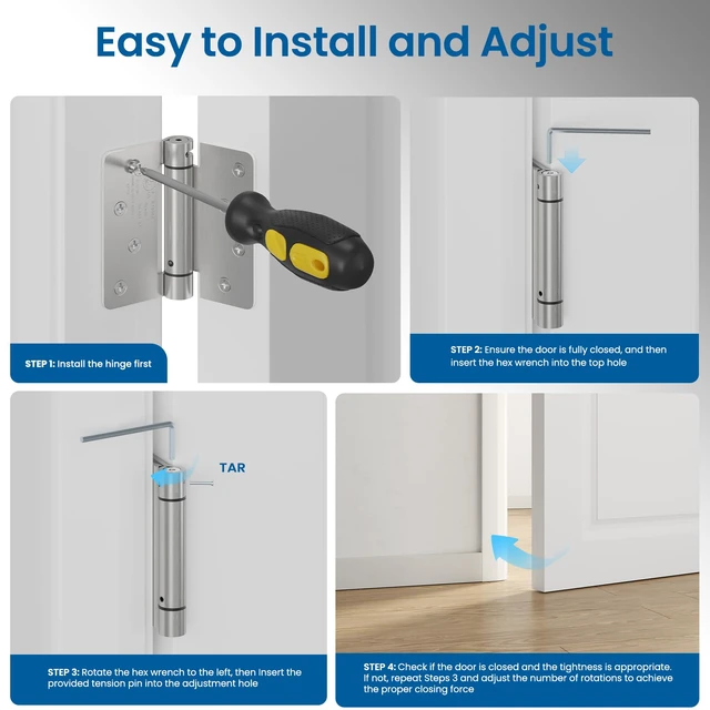 Alt view image 6 of 7 - 3 Pack 4 Inch Self Closing Door Hinges with 1/4'' Radius Corners Spring Loaded Door Hinges, Adjustable Tension for Garage, Front, Back Door, Left and Right Hand Doors, UL Listed