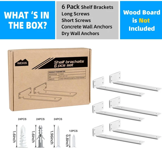 Alt view image 4 of 7 - Shelf Brackets, Heavy Duty Floating Shelf Brackets 10-Inch Long, 6-Pack Brackets for Shelves, Matte White L Hidden Metal Wall Shelf Support Shelving Brackets, 1/5-Inch Thick 160 lb. Load Capacity