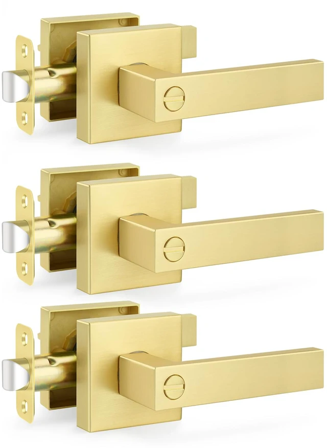 Main image of 3 Pack Heavy Duty Gold Square Door Levers, Satin Brass Finish, Heavy Duty Privacy Keyless Door Handle with Lock,Solid Zinc Alloy Interior Door Knobs, Reversible Flat Levers with Square Rosette