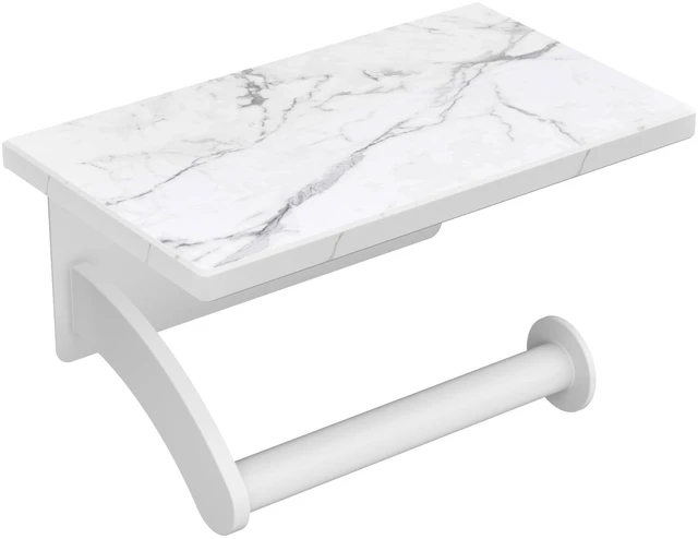 Main image of Natural Marble Toilet Paper Holder with Phone Shelf, Commercial White, Wall Mount 304 Stainless Steel Commercial Bathroom Tissue Roll Dispenser, Modern Heavy Duty Washroom Paper Storage