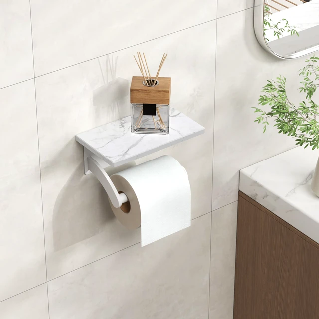 Alt view image 2 of 7 - Natural Marble Toilet Paper Holder with Phone Shelf, Commercial White, Wall Mount 304 Stainless Steel Commercial Bathroom Tissue Roll Dispenser, Modern Heavy Duty Washroom Paper Storage