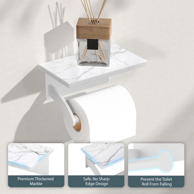 Alt view image 3 of 7 - Natural Marble Toilet Paper Holder with Phone Shelf, Commercial White, Wall Mount 304 Stainless Steel Commercial Bathroom Tissue Roll Dispenser, Modern Heavy Duty Washroom Paper Storage
