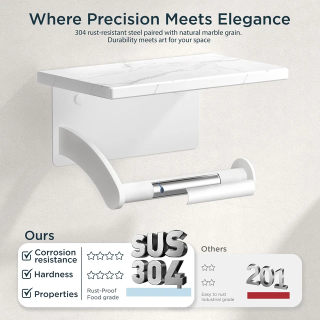 Alt view image 4 of 7 - Natural Marble Toilet Paper Holder with Phone Shelf, Commercial White, Wall Mount 304 Stainless Steel Commercial Bathroom Tissue Roll Dispenser, Modern Heavy Duty Washroom Paper Storage