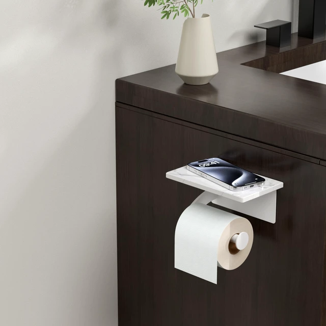 Alt view image 7 of 7 - Natural Marble Toilet Paper Holder with Phone Shelf, Commercial White, Wall Mount 304 Stainless Steel Commercial Bathroom Tissue Roll Dispenser, Modern Heavy Duty Washroom Paper Storage
