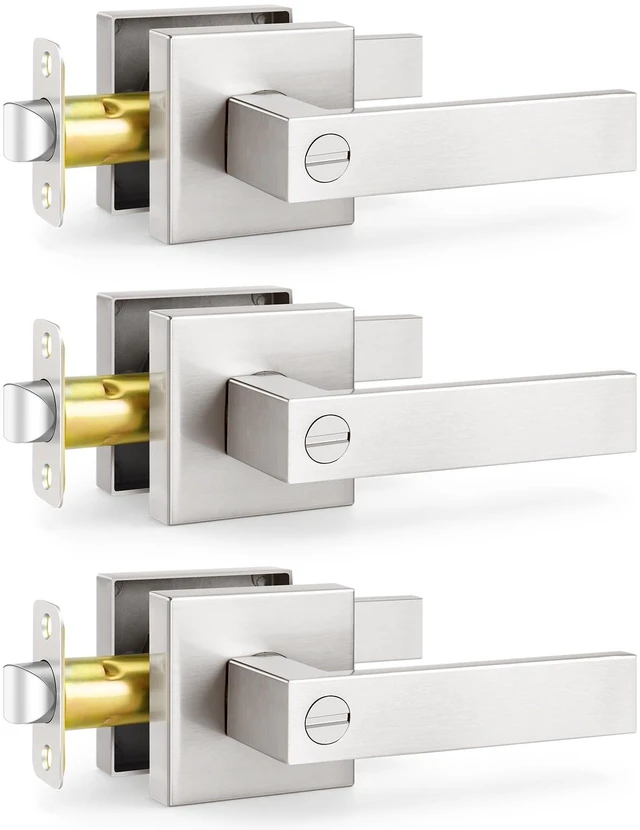 Main image of 3 Pack Privacy Square Brushed Nickel Door Handles, Interior Keyless Door Knobs for Bedroom/Bathroom, Reversible for Left & Right Handed Doors