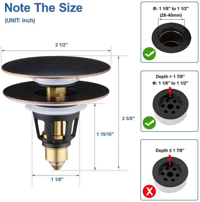 Alt view image 2 of 7 - Universal 3-in-1 Bathroom Sink Stopper - Pop Up Sink Drain Stopper, Push Button Sink Drain Stopper Replacement, Wash Basin Drain Filter Plug with Anti-Clogging Strainer, Oil Rubbed Bronze