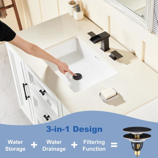 Alt view image 5 of 7 - Universal 3-in-1 Bathroom Sink Stopper - Pop Up Sink Drain Stopper, Push Button Sink Drain Stopper Replacement, Wash Basin Drain Filter Plug with Anti-Clogging Strainer, Oil Rubbed Bronze