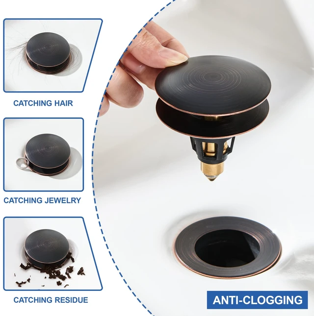 Alt view image 6 of 7 - Universal 3-in-1 Bathroom Sink Stopper - Pop Up Sink Drain Stopper, Push Button Sink Drain Stopper Replacement, Wash Basin Drain Filter Plug with Anti-Clogging Strainer, Oil Rubbed Bronze