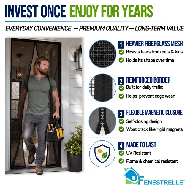 Alt view image 2 of 7 - Magnetic Screen Door for Standard Doors, 36" x 82" Black Trim, Black Mesh, Heavy Duty Fiberglass, Self Closing Magnetic Seal, Pet & Kid Friendly, Fits Standard 36" x 82" Doors