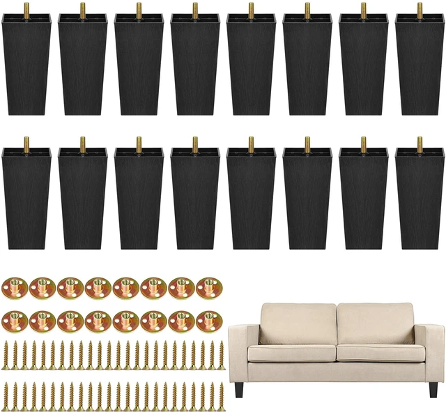 Main image of 16 Pack 5.7 Inch Furniture Legs Plastic Sofa Couch Legs Square Tapered Feet Sofa Legs with M8 T-Nuts Screws for Legs Sofas Chairs Cabinets Dressers Beds, Black