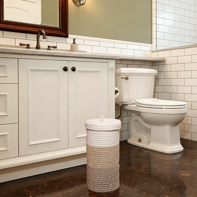 Alt view image 5 of 6 - Toilet Paper Holder Handmade Woven Cotton Toilet Paper Stand & Storage Basket with Lid, Freestanding Organizer for Bathroom, Fits 3 Mega Rolls Gradient Brown 14'' x 7''