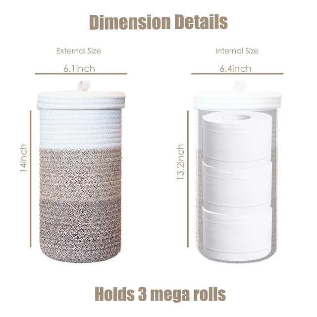 Alt view image 2 of 6 - Toilet Paper Holder Handmade Woven Cotton Toilet Paper Stand & Storage Basket with Lid, Freestanding Organizer for Bathroom, Fits 3 Mega Rolls Gradient Brown 14'' x 7''