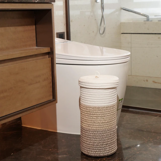 Alt view image 3 of 6 - Toilet Paper Holder Handmade Woven Cotton Toilet Paper Stand & Storage Basket with Lid, Freestanding Organizer for Bathroom, Fits 3 Mega Rolls Gradient Brown 14'' x 7''