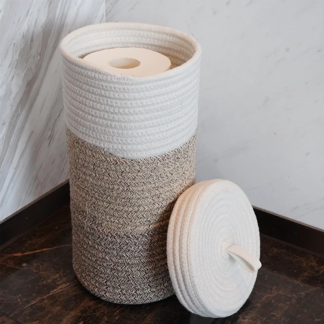 Alt view image 4 of 6 - Toilet Paper Holder Handmade Woven Cotton Toilet Paper Stand & Storage Basket with Lid, Freestanding Organizer for Bathroom, Fits 3 Mega Rolls Gradient Brown 14'' x 7''