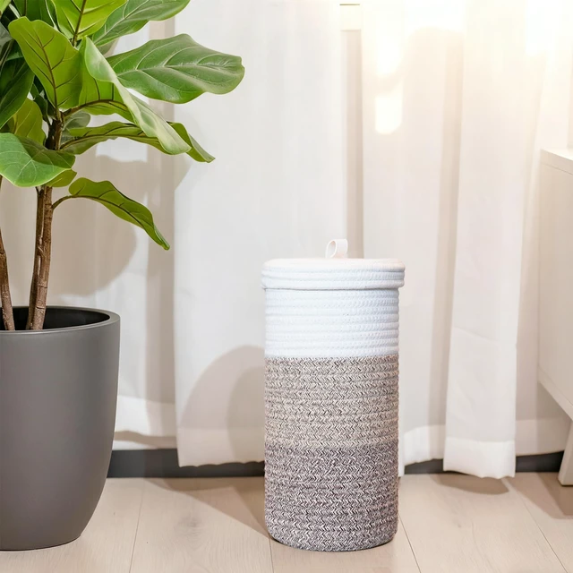 Alt view image 6 of 6 - Toilet Paper Holder Handmade Woven Cotton Toilet Paper Stand & Storage Basket with Lid, Freestanding Organizer for Bathroom, Fits 3 Mega Rolls Gradient Brown 14'' x 7''