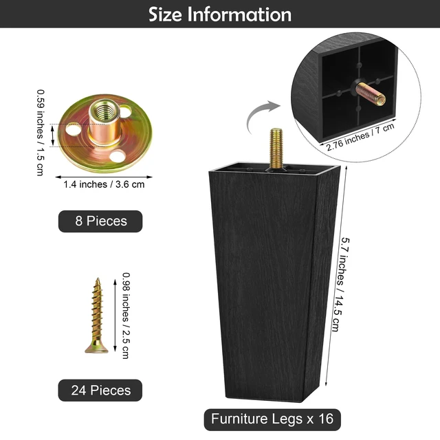 Alt view image 2 of 7 - 16 Pack 5.7 Inch Furniture Legs Plastic Sofa Couch Legs Square Tapered Feet Sofa Legs with M8 T-Nuts Screws for Legs Sofas Chairs Cabinets Dressers Beds, Black