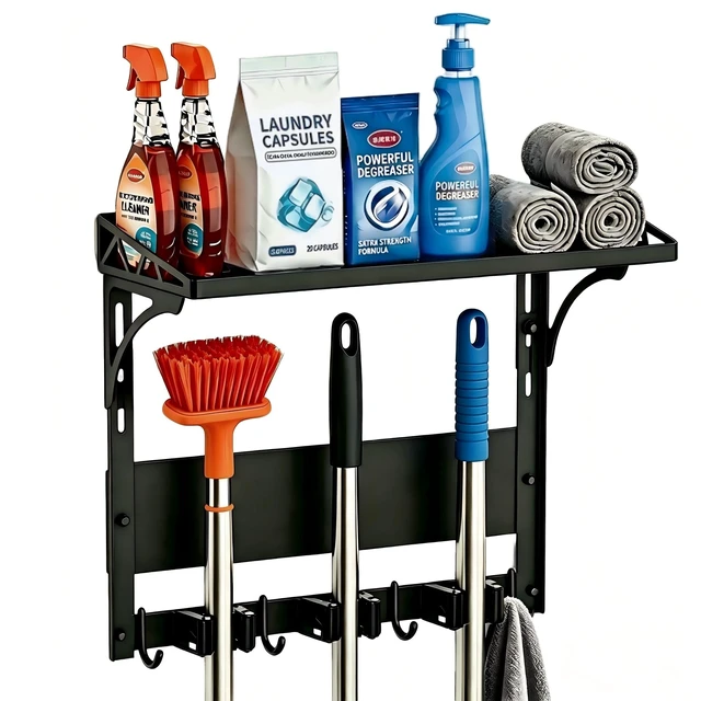Main image of Heavy Duty Magnetic Broom Holder,Anti-slip Magnetic Tool Rack with Top Utility Shelf, Easy Assembly Broom Mop Organizer for Refrigerator Metal Cabinet Laundry Room Kitchen,3-Clamps 4-Hooks