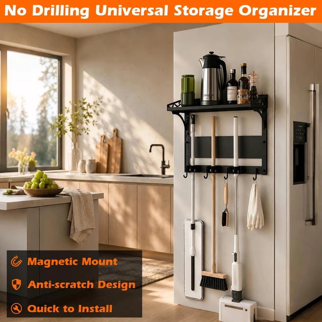Alt view image 3 of 7 - Heavy Duty Magnetic Broom Holder,Anti-slip Magnetic Tool Rack with Top Utility Shelf, Easy Assembly Broom Mop Organizer for Refrigerator Metal Cabinet Laundry Room Kitchen,3-Clamps 4-Hooks