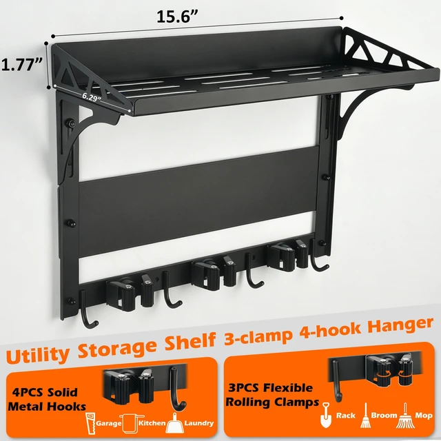 Alt view image 5 of 7 - Heavy Duty Magnetic Broom Holder,Anti-slip Magnetic Tool Rack with Top Utility Shelf, Easy Assembly Broom Mop Organizer for Refrigerator Metal Cabinet Laundry Room Kitchen,3-Clamps 4-Hooks