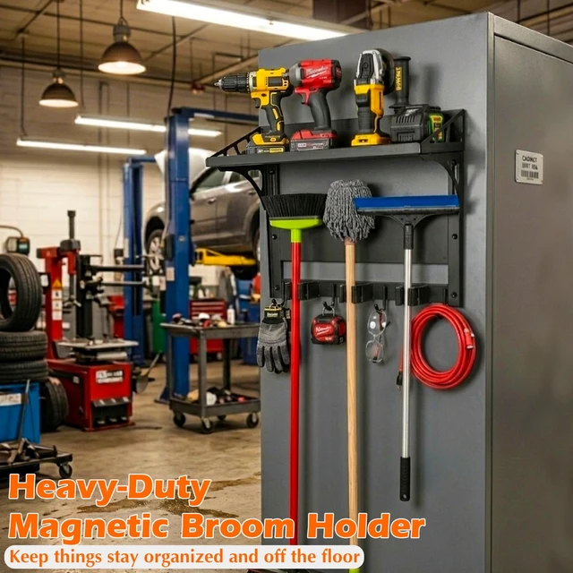 Alt view image 6 of 7 - Heavy Duty Magnetic Broom Holder,Anti-slip Magnetic Tool Rack with Top Utility Shelf, Easy Assembly Broom Mop Organizer for Refrigerator Metal Cabinet Laundry Room Kitchen,3-Clamps 4-Hooks