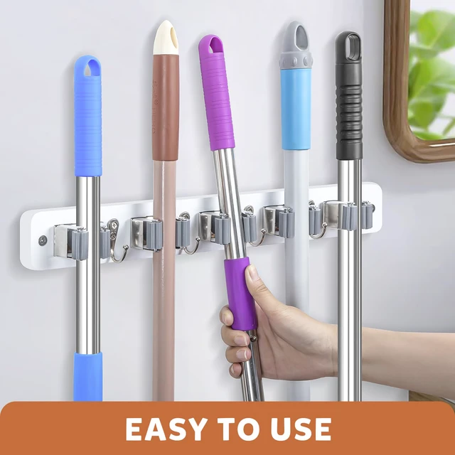 Alt view image 3 of 7 - Broom Holder Wall Mount, Rustic Broom Hanger for Laundry Room Wood Broom and Mop Organization and Storage, Mop Holder for Home Decor, Garden, Garage, Closet, 5 Racks and 4 Hooks, White
