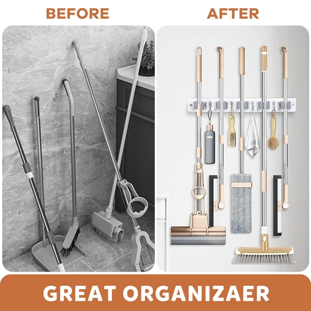 Alt view image 4 of 7 - Broom Holder Wall Mount, Rustic Broom Hanger for Laundry Room Wood Broom and Mop Organization and Storage, Mop Holder for Home Decor, Garden, Garage, Closet, 5 Racks and 4 Hooks, White