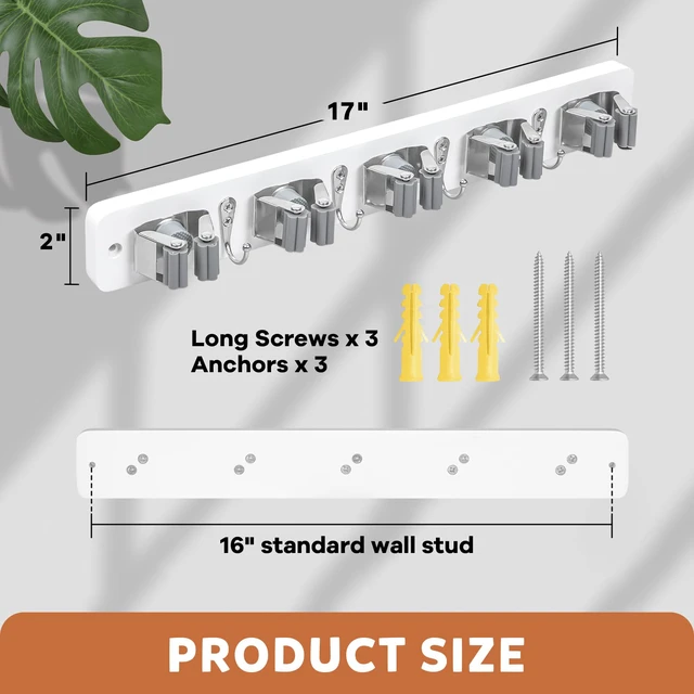 Alt view image 5 of 7 - Broom Holder Wall Mount, Rustic Broom Hanger for Laundry Room Wood Broom and Mop Organization and Storage, Mop Holder for Home Decor, Garden, Garage, Closet, 5 Racks and 4 Hooks, White