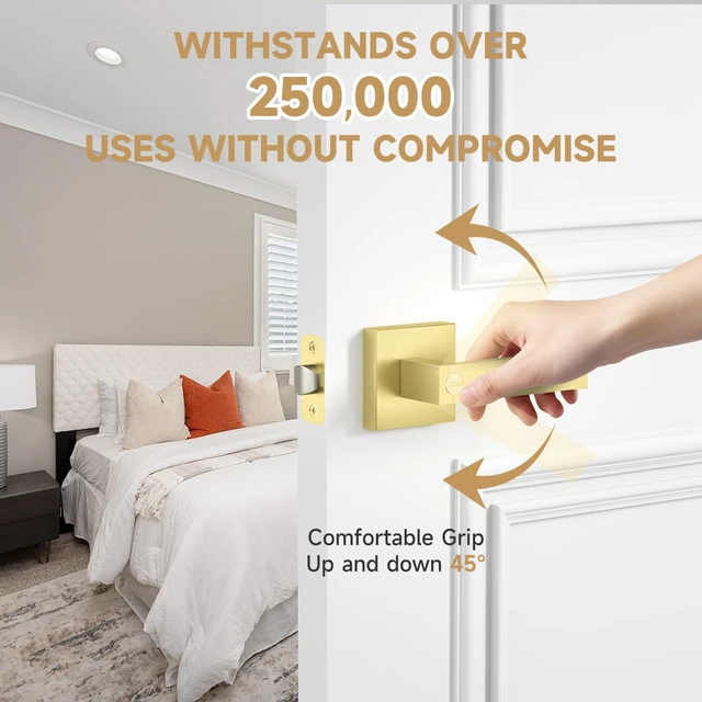 Alt view image 7 of 7 - 3 Pack Heavy Duty Gold Square Door Levers, Satin Brass Finish, Heavy Duty Privacy Keyless Door Handle with Lock,Solid Zinc Alloy Interior Door Knobs, Reversible Flat Levers with Square Rosette