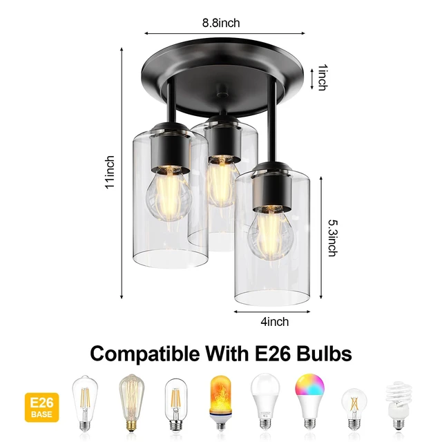 Alt view image 6 of 7 - 3-Lights Semi Flush Mount Ceiling Light Fixture Black for Kitchen Foyer/Entryway/Dining-Room/Hallway Farmhouse Industrial Home Decor Clear Glass Shade Hardwired E26 ETL-Listed 120V 60W Max