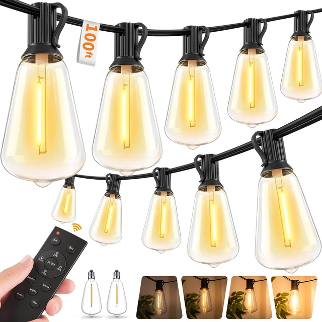 Main image of Remote Control Outdoor String Lights Waterproof, 100FT LED Outside Lights with Shatterproof Bulbs, Dimmable Hanging Light 3 Modes for Patio Porch Garden pergola Yard House Bistro Party decors
