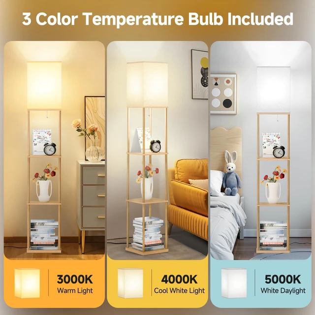Alt view image 2 of 7 - Floor Lamp with Shelves, 3-Tier Square Modern Shelf Lamp 3CCT Bright Bulb Included, Tall Standing Lamps for Living Room Bedroom Office