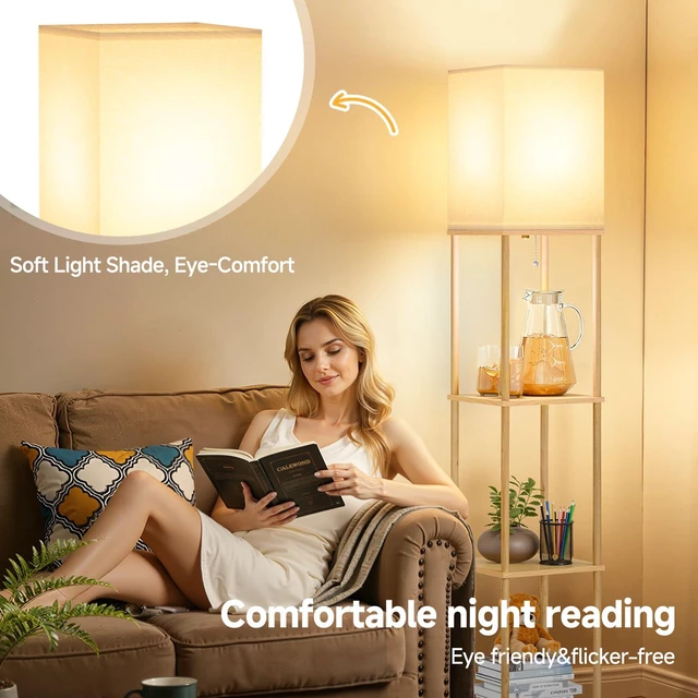 Alt view image 6 of 7 - Floor Lamp with Shelves, 3-Tier Square Modern Shelf Lamp 3CCT Bright Bulb Included, Tall Standing Lamps for Living Room Bedroom Office