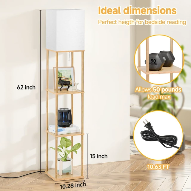 Alt view image 7 of 7 - Floor Lamp with Shelves, 3-Tier Square Modern Shelf Lamp 3CCT Bright Bulb Included, Tall Standing Lamps for Living Room Bedroom Office