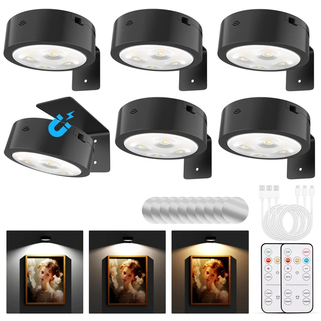 Main image of Picture Lights for Wall, Rechargeable Battery Operated Wireless Magnetic Painting Lights with Remote Dimmable and Timer, Wall Decor Lights with 3 Lighting Modes for Art Display (Black, 6Pack)