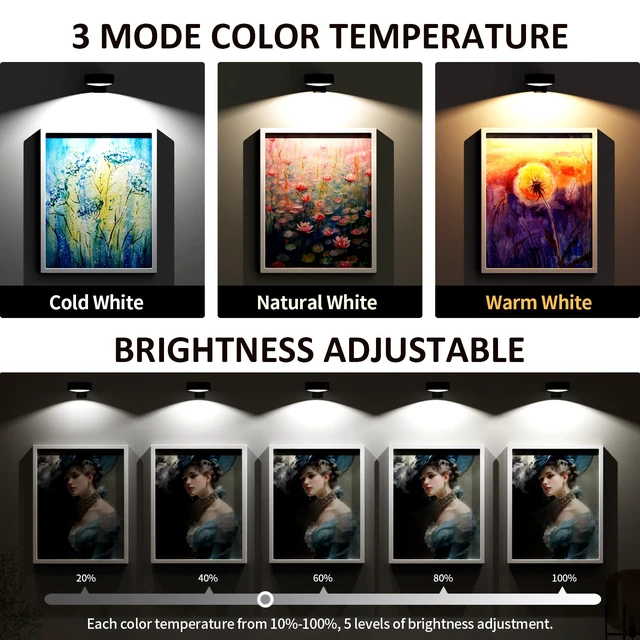 Alt view image 2 of 7 - Picture Lights for Wall, Rechargeable Battery Operated Wireless Magnetic Painting Lights with Remote Dimmable and Timer, Wall Decor Lights with 3 Lighting Modes for Art Display (Black, 6Pack)
