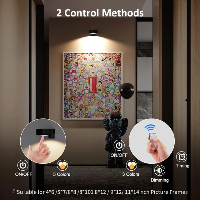Alt view image 3 of 7 - Picture Lights for Wall, Rechargeable Battery Operated Wireless Magnetic Painting Lights with Remote Dimmable and Timer, Wall Decor Lights with 3 Lighting Modes for Art Display (Black, 6Pack)