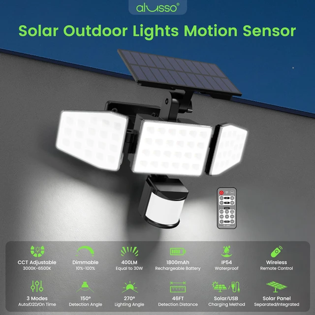 Alt view image 2 of 7 - Solar Lights Outdoor Motion Sensor, 400LM LED Security Lights w/Remote, Dusk to Dawn/Auto/On Time Modes, CCT Adjustable 3000K-6500K, Dimmable IP54 Flood Wall Light for Garden Yard(2 Pack)