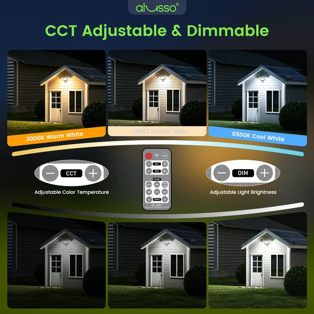 Alt view image 4 of 7 - Solar Lights Outdoor Motion Sensor, 400LM LED Security Lights w/Remote, Dusk to Dawn/Auto/On Time Modes, CCT Adjustable 3000K-6500K, Dimmable IP54 Flood Wall Light for Garden Yard(2 Pack)