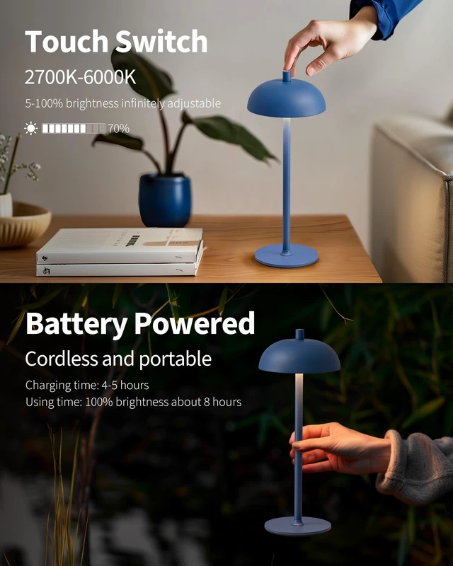 Alt view image 4 of 7 - 12" Cordless Table Lamps Set of 2, Blue Modern Portable Desk Lamp LED, 3 Color Dimming, Rechargeable, Battery Operated Lights for Bedroom, Outdoor, Restaurant, Bedside, Night Light, Gifts